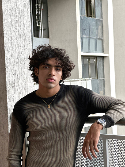 BROWN WASHED RIBBED SWEATSHIRT