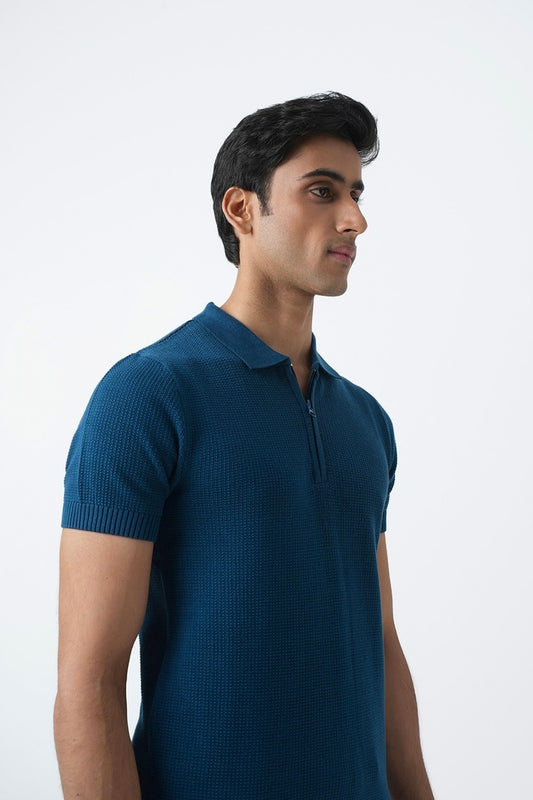 TEAL TEXTURED KNIT POLO SHIRT