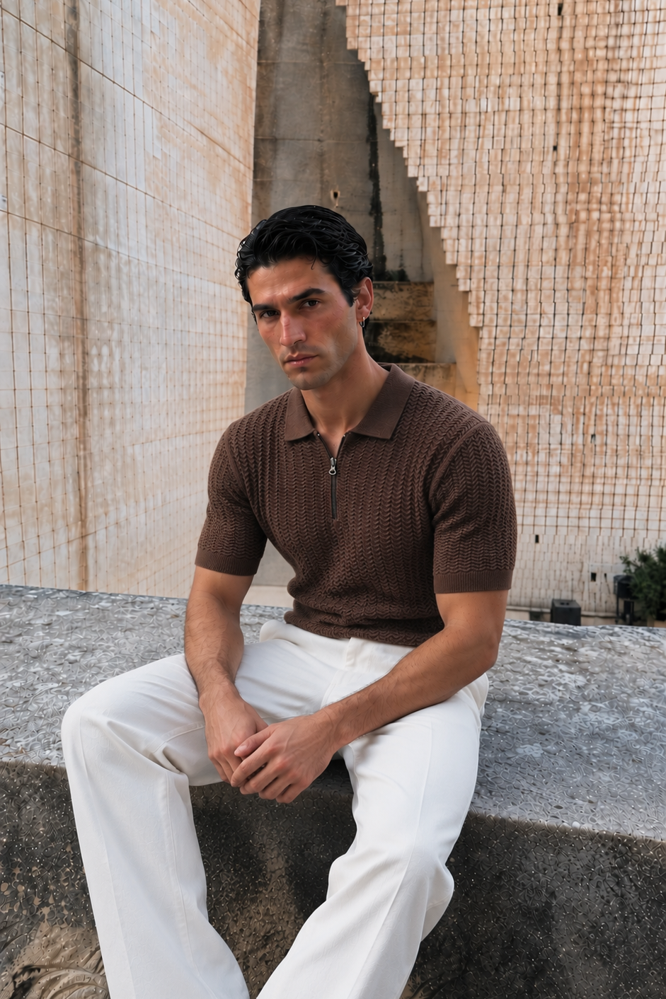 STONE BROWN KNIT POLO SHIRT
