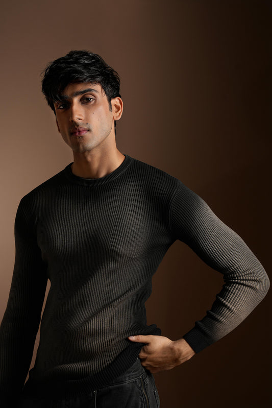 BROWN WASHED RIBBED SWEATSHIRT