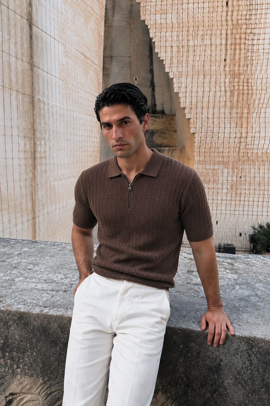 STONE BROWN KNIT POLO SHIRT