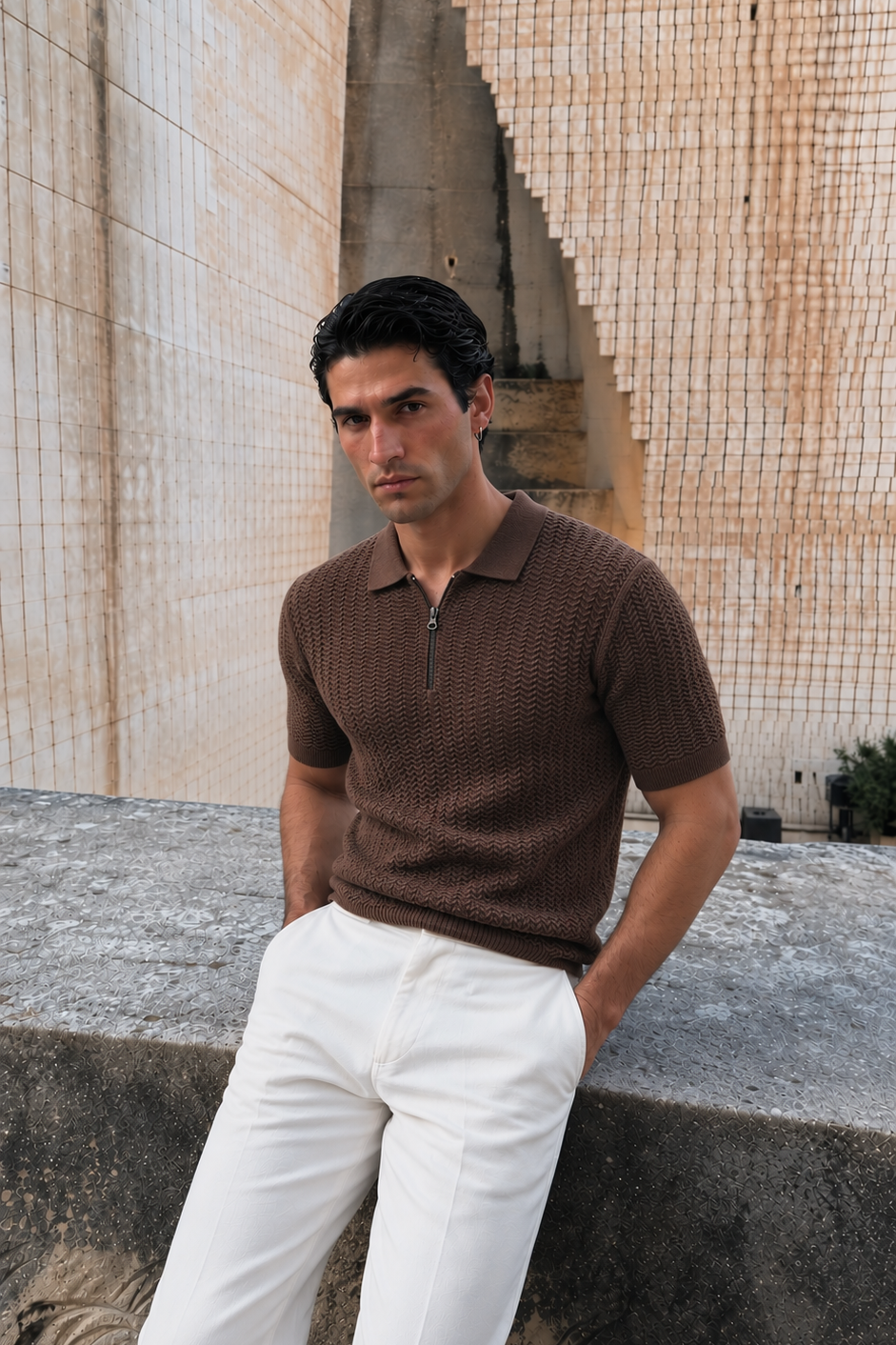 STONE BROWN KNIT POLO SHIRT