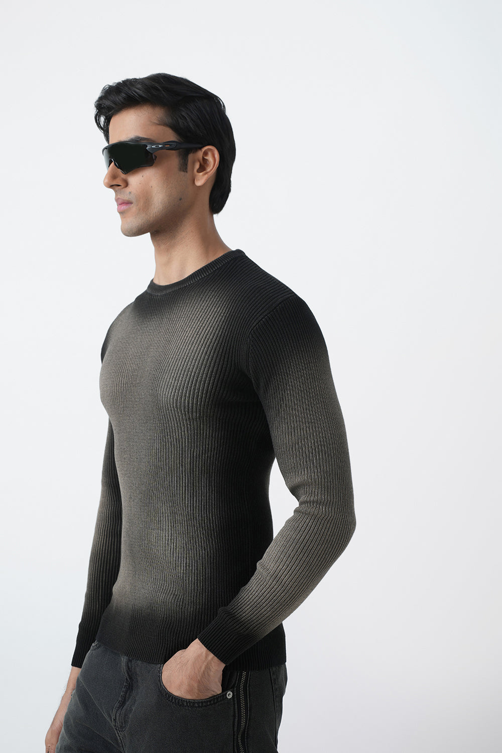 BROWN WASHED RIBBED SWEATSHIRT