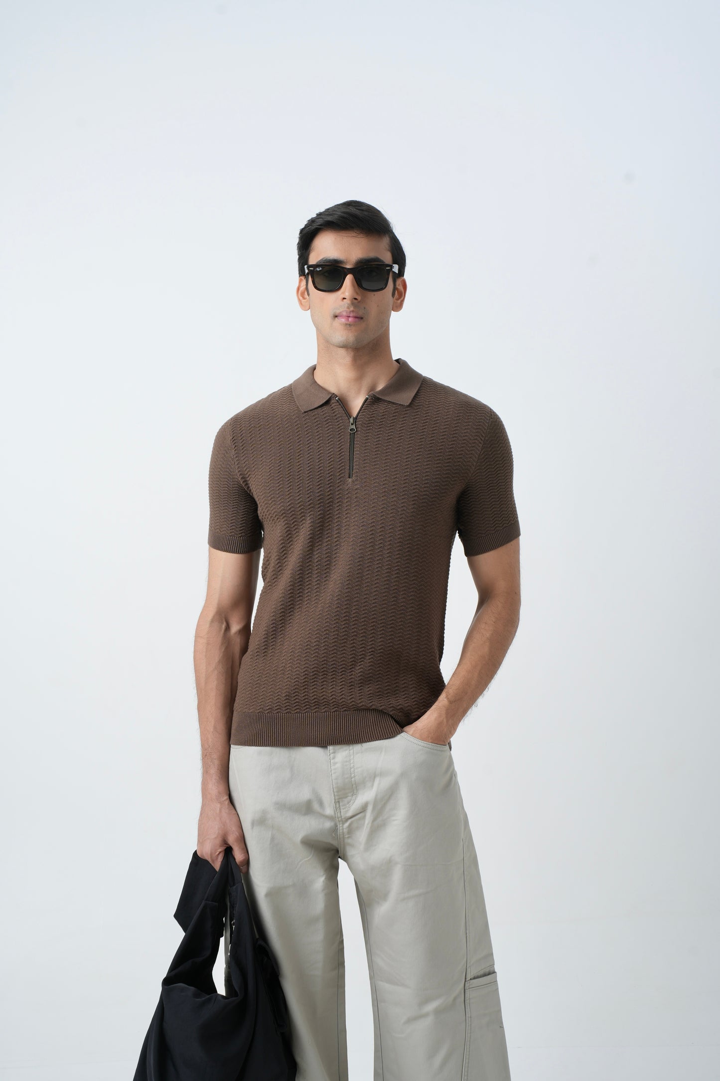 STONE BROWN KNIT POLO SHIRT