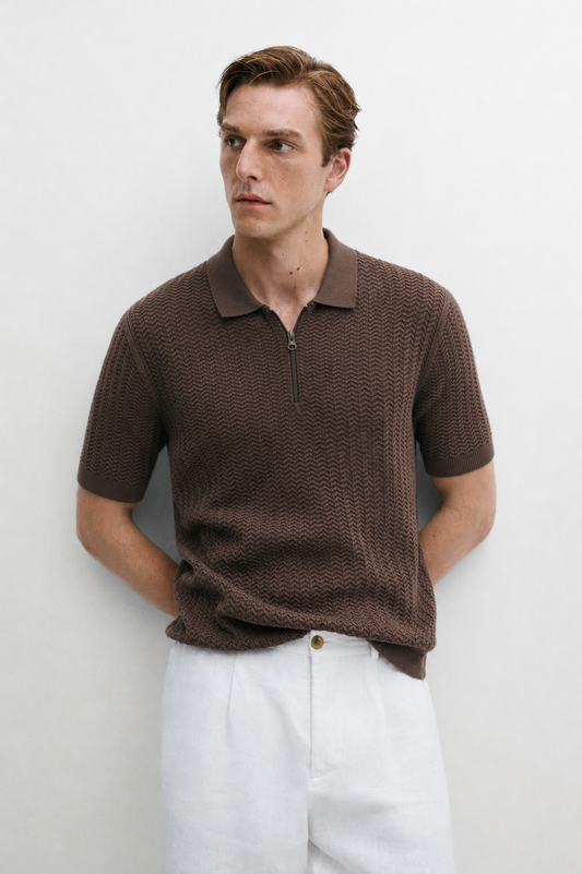 STONE BROWN KNIT POLO SHIRT